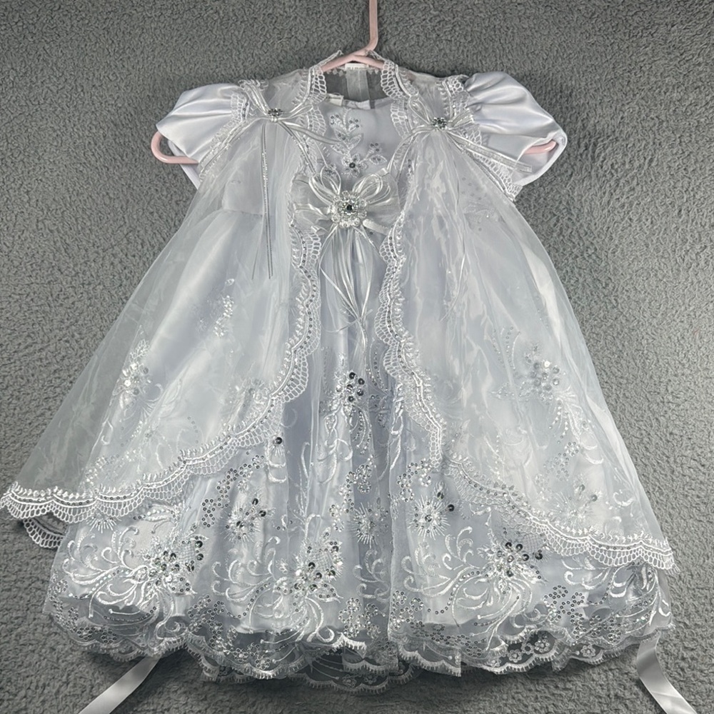 New Baby Girl Elegant White Lace Baptism Christening Dress with Cape